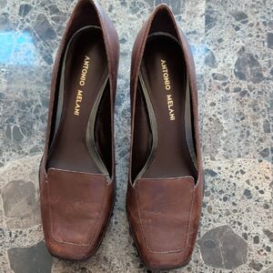 ANTONIO MELANI Brown Leather Square-Toe Pumps